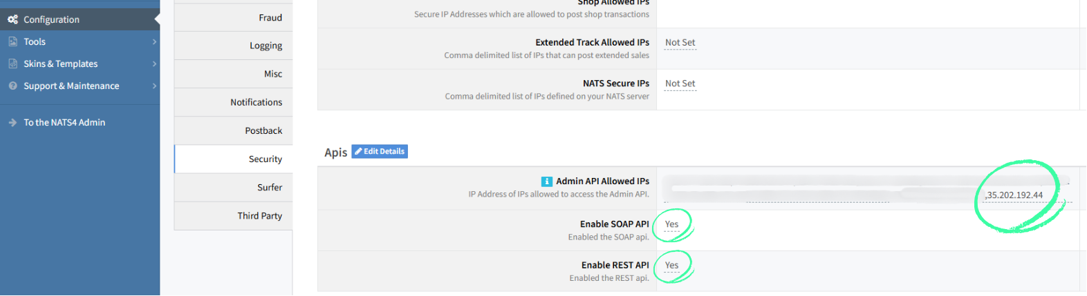 NATS API Configuration Screen
