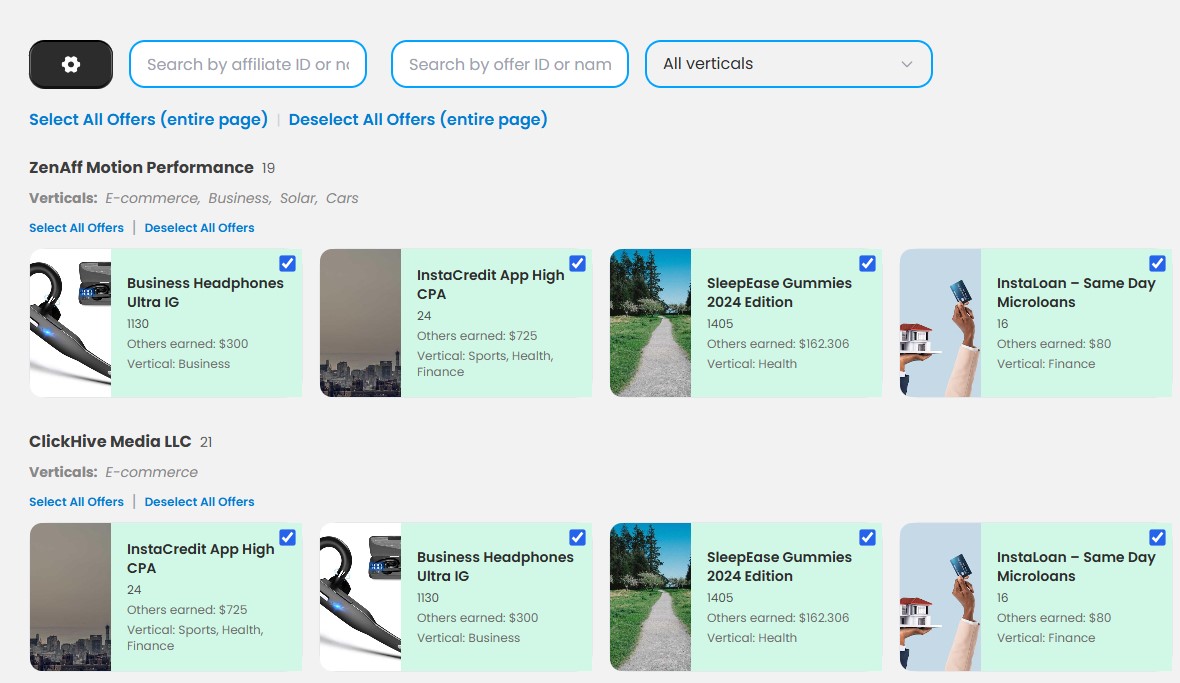 Affiliate offer recommender interface with personalized suggestions