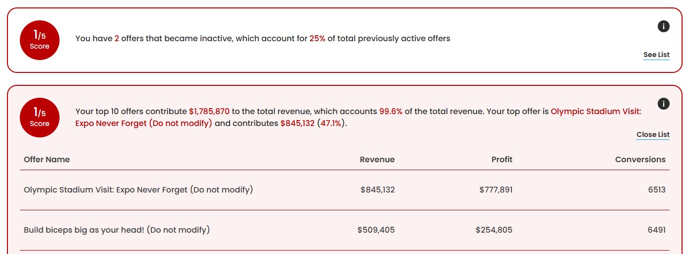 Revenue and performance breakdown across affiliate offers