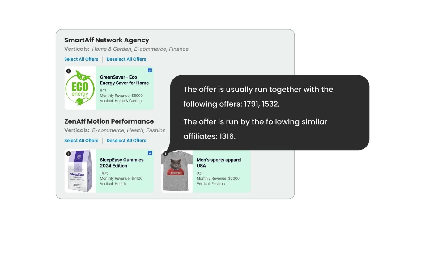 Affiliate offer recommender interface with personalized suggestions