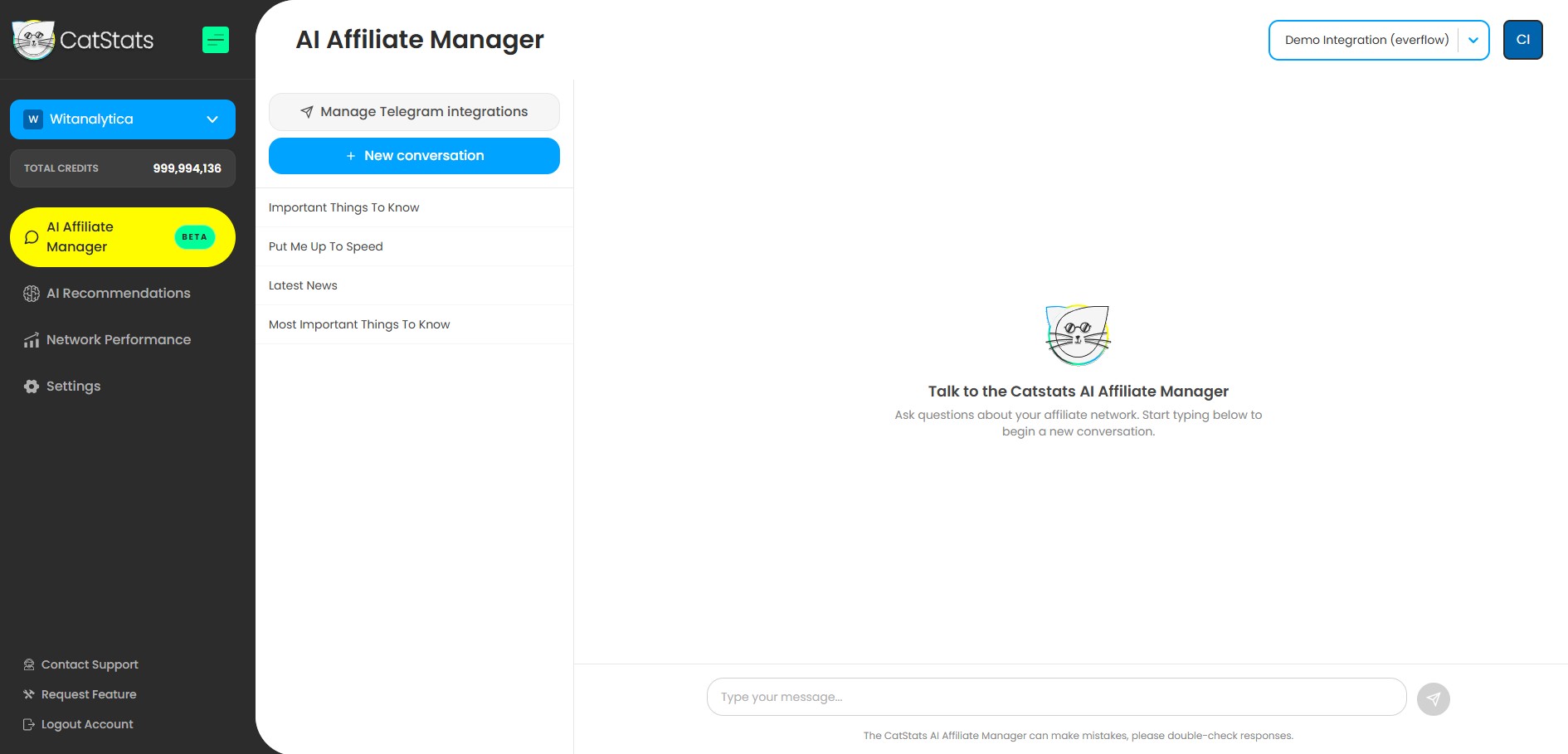 AI Affiliate Manager page inside app.catstats.ai, with the company and integration selector and the AI Affiliate Manager navigation item