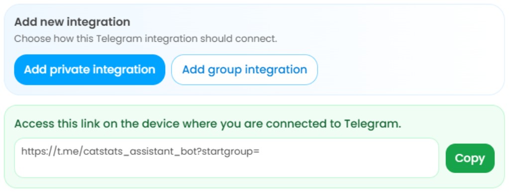 The generated Telegram link in the panel with the Copy button next to it