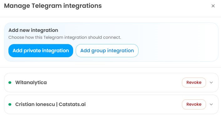 The connected Telegram integrations list in the panel, showing a connected chat with its name and status and the Revoke button