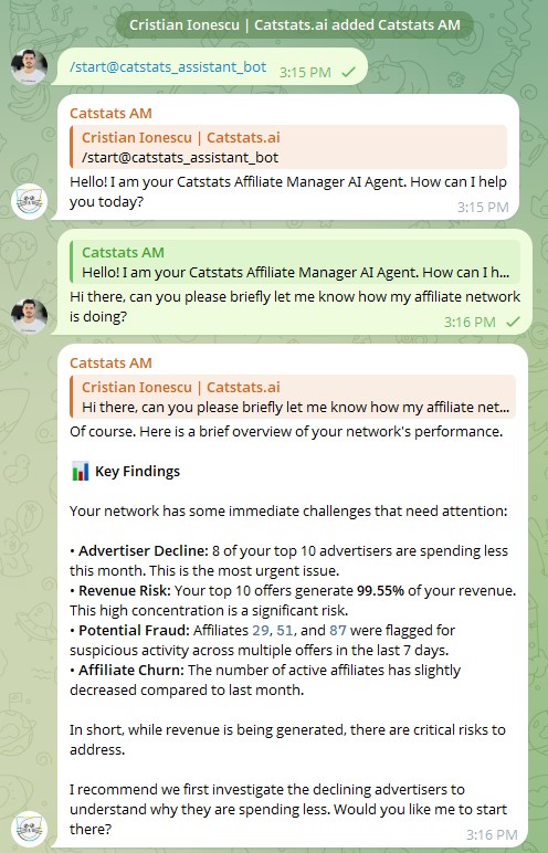 A Telegram chat where the user asks the CatStats agent a question and it replies with a short, data-driven answer
